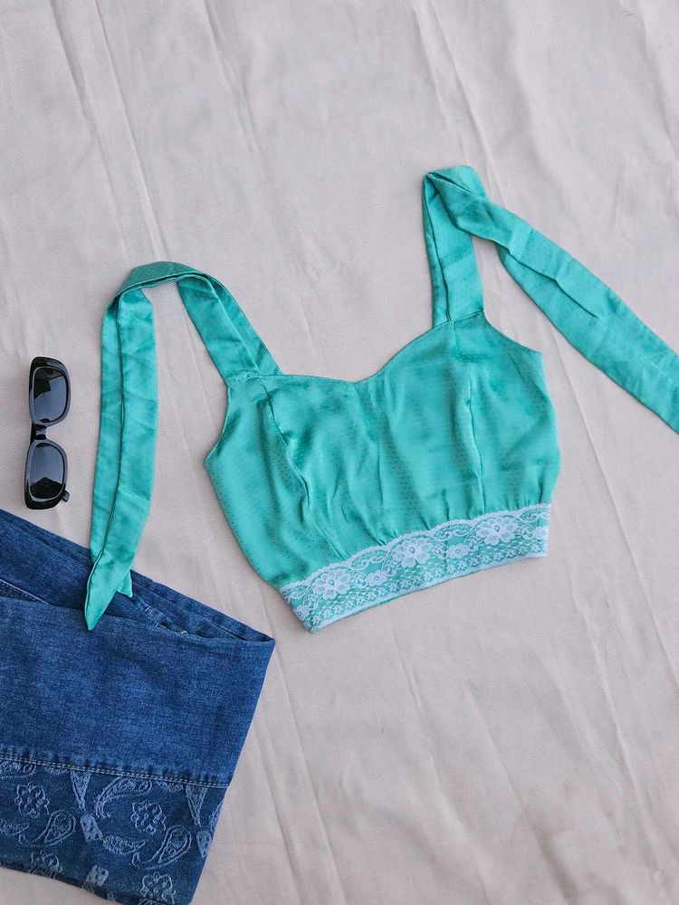 Teal Lace Trim Crop Top
