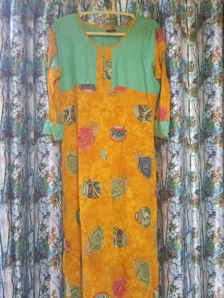 Vibrant Yellow &amp; Teal Printed Kurta