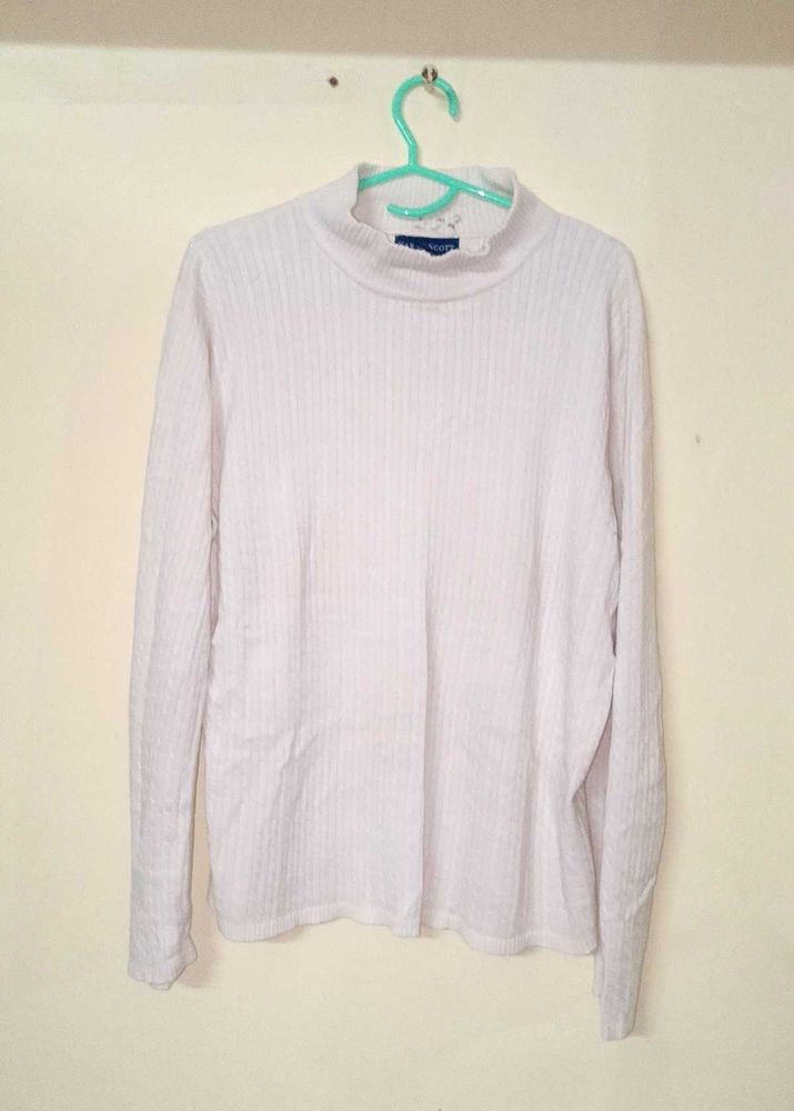White Ribbed Turtleneck Long Sleeve Top