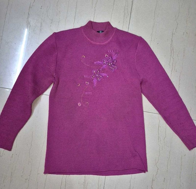 Purple Mock Neck Embroidered Sweater