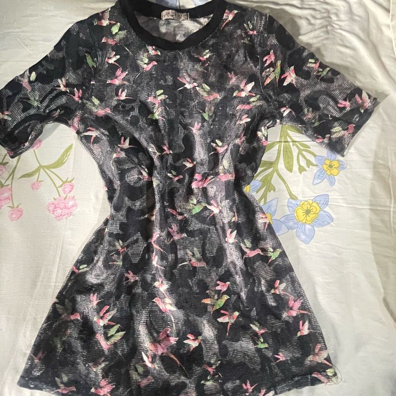 Sheer Black Bird Print Top
