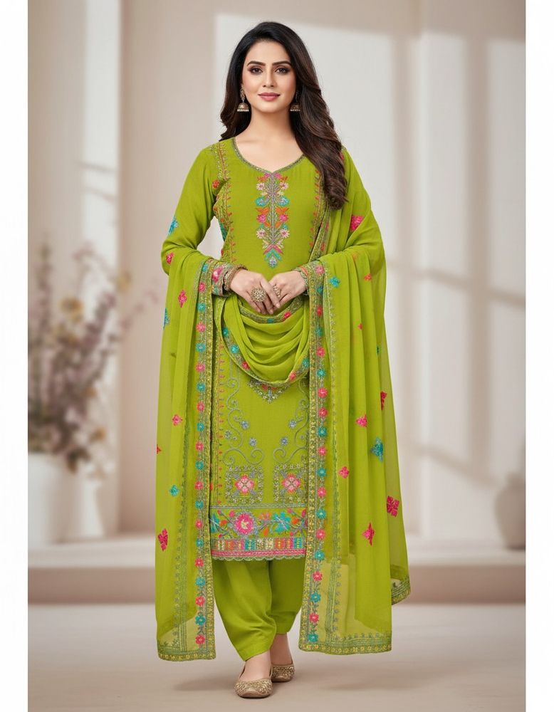 Parrot Green Floral Sequence Dress Material