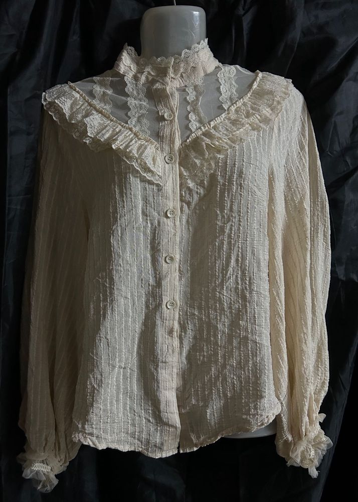 Vintage Ruffle Neck Cream Blouse