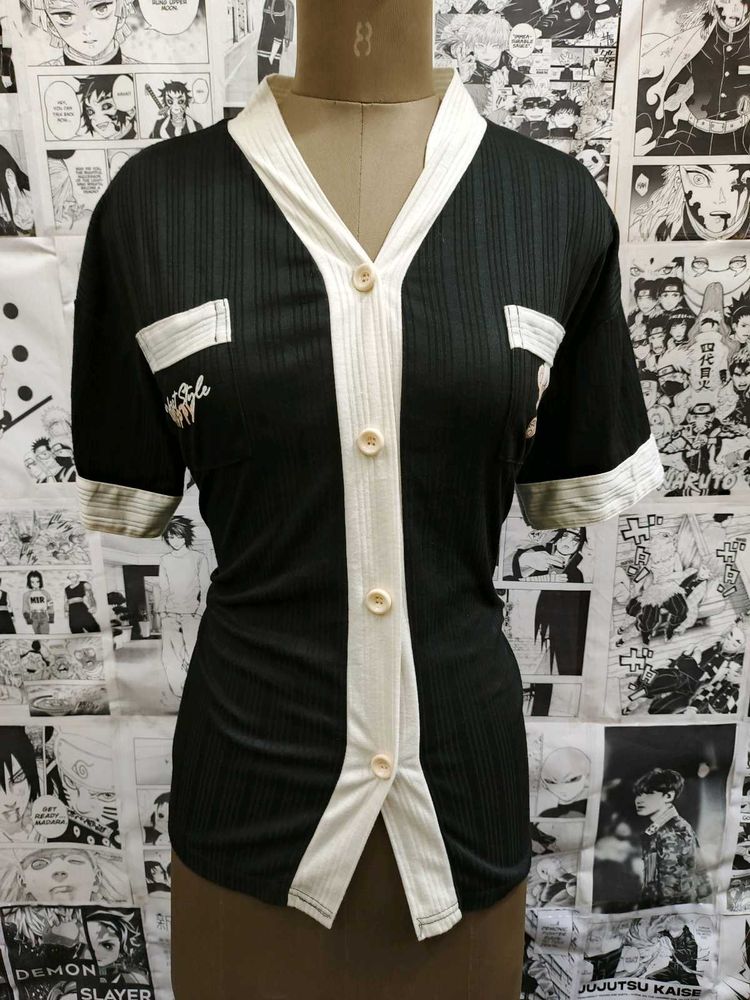 Ribbed Black Top with White Trim