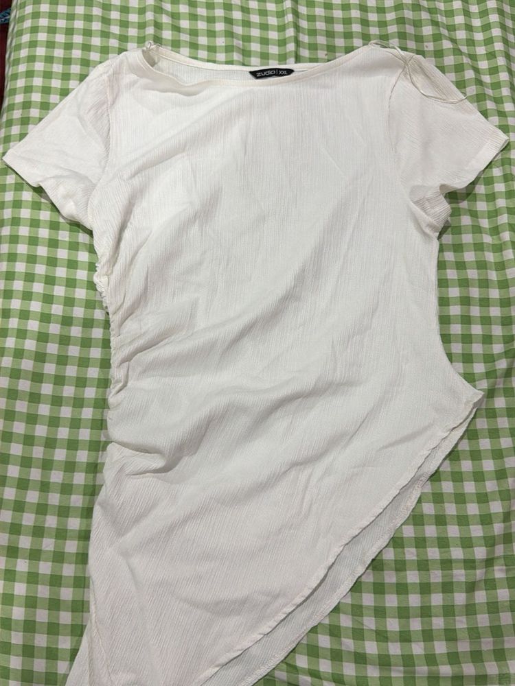 White Asymmetrical Ruched Top