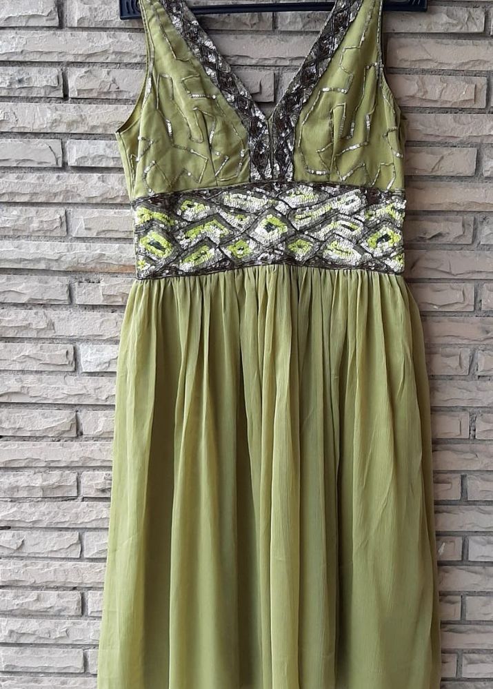 Olive Green Beaded V-Neck Midi Dress