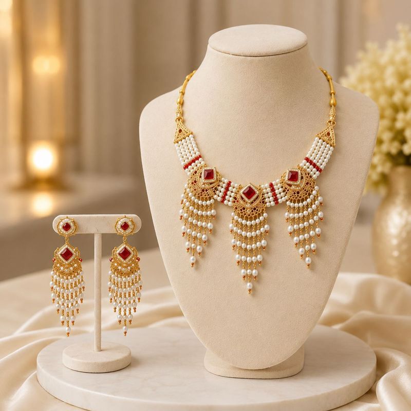 Elegant Pearl &amp; Ruby Necklace &amp; Earrings Set