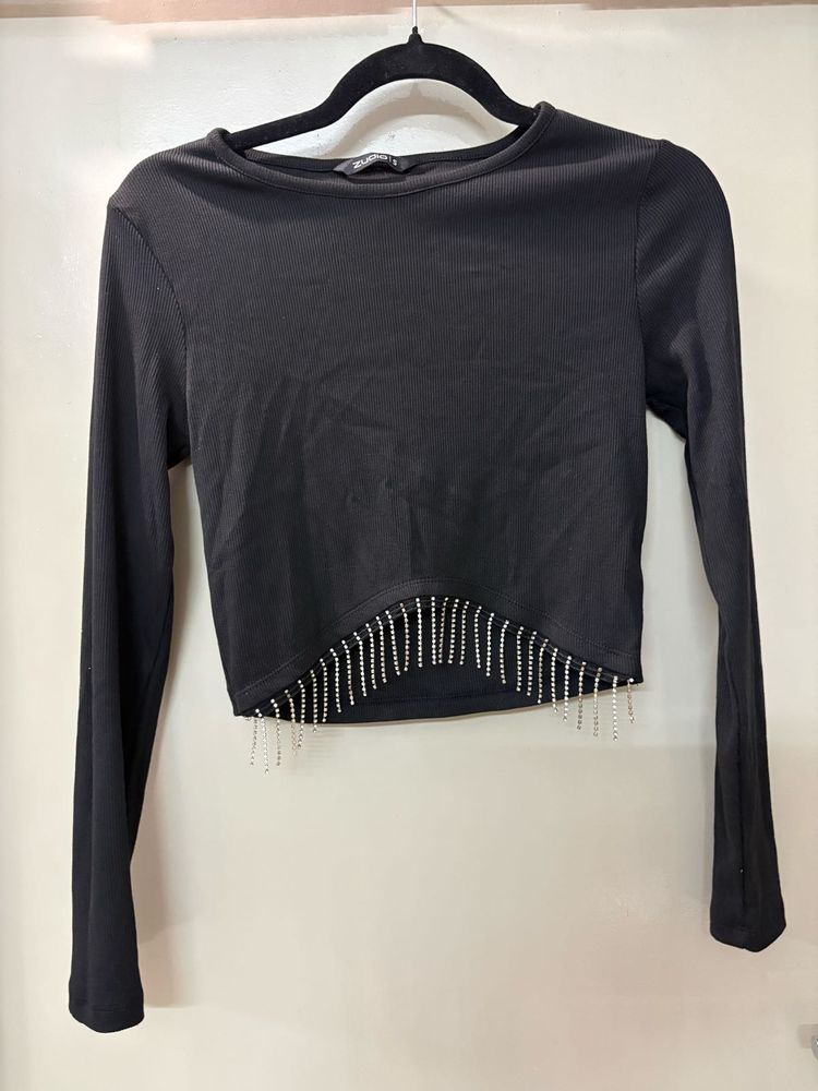 Black Crop Top with Rhinestone Fringe