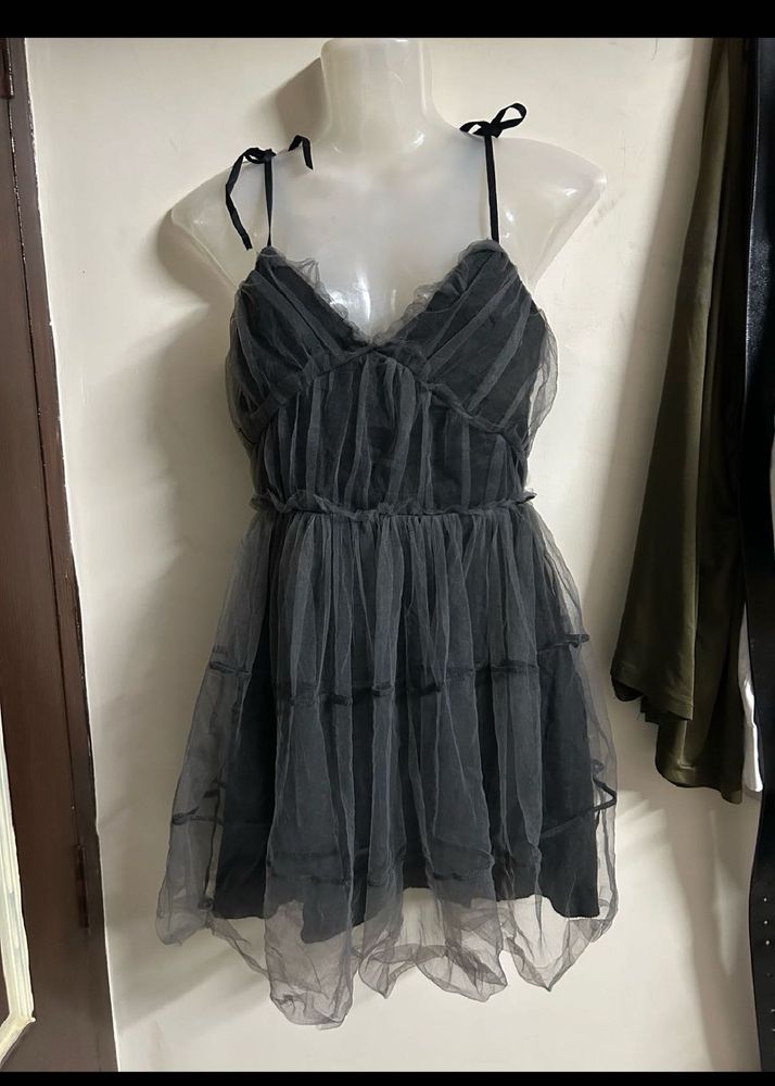 Grey Tulle Tiered Mini Dress