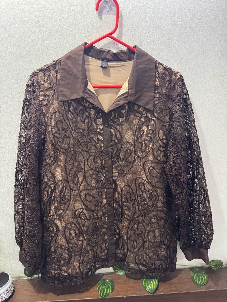 Elegant Brown Lace Button-Up Top