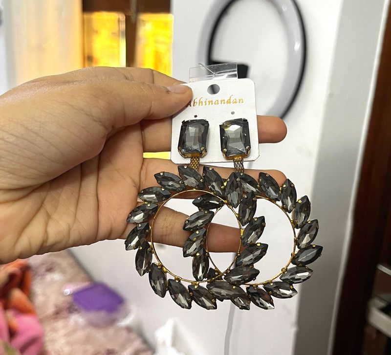 Elegant Grey Hoop Earrings with Crystal Accents