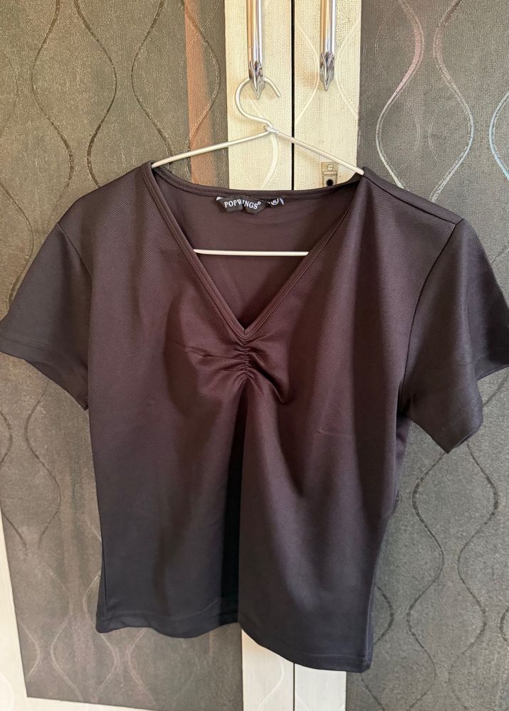 V-Neck Ruched Black Top
