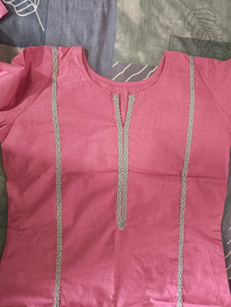 Pink Kurta with Grey Lace Detail