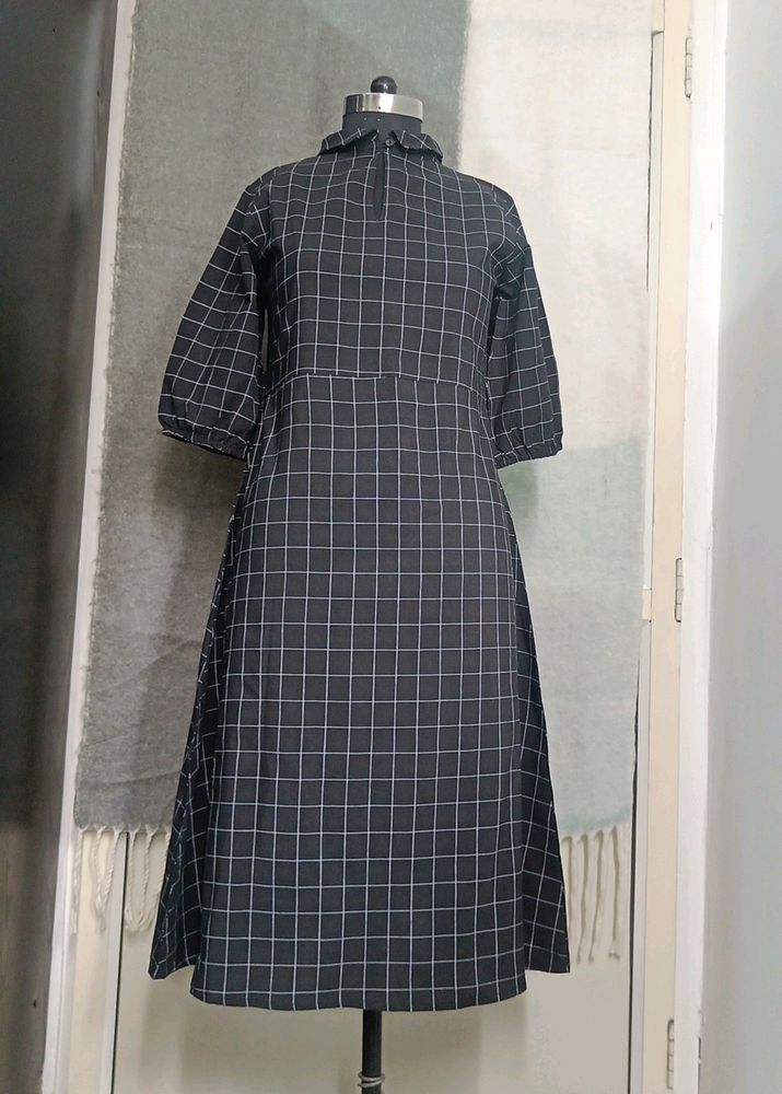 Black window pane a line dress with folded round collar