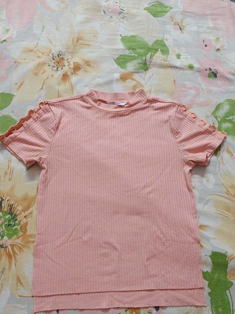 Pink Ribbed Cut-out Sleeve Top