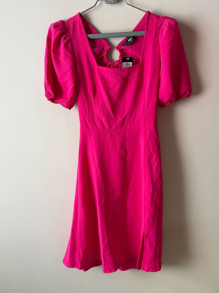 Hot Pink Puff Sleeve Square Neck Mini Dress