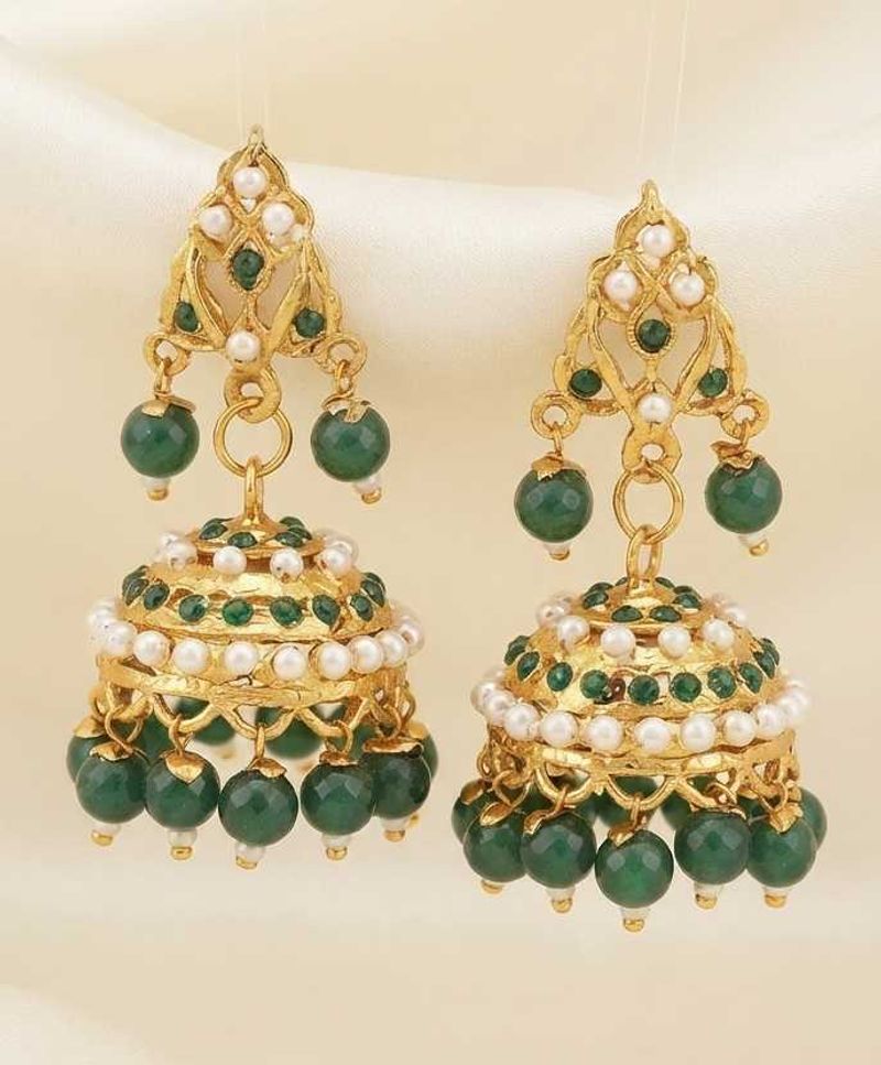 Elegant Gold Jhumka Earrings with Green Beads