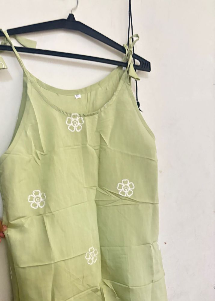 Light Green Floral embroidered sleeveless Kurti