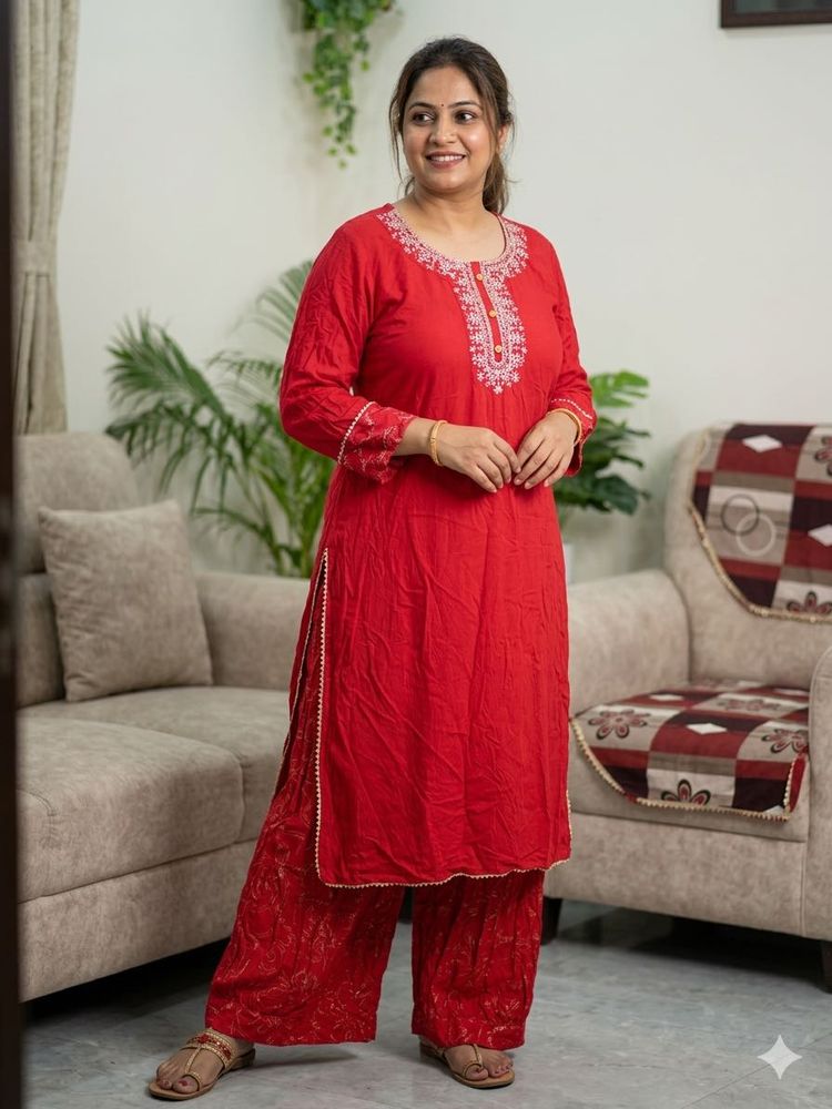 Red Embroidered Kurta Set with Palazzo