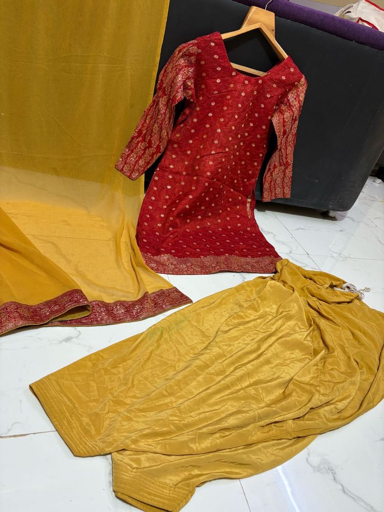 Red Kurta with Yellow Palazzo and Dupatta