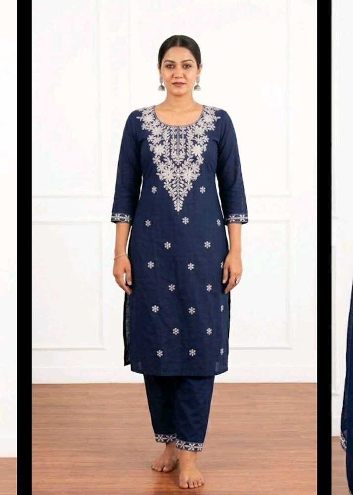 Elegant Navy Kurta Set with White Embroidery