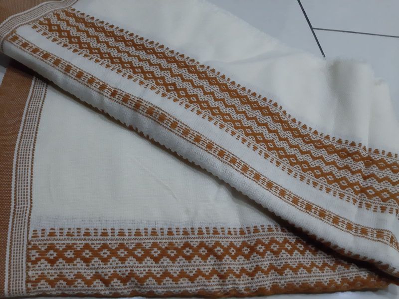 White Kutchi Handcrafted Shawl With Orange Pattern