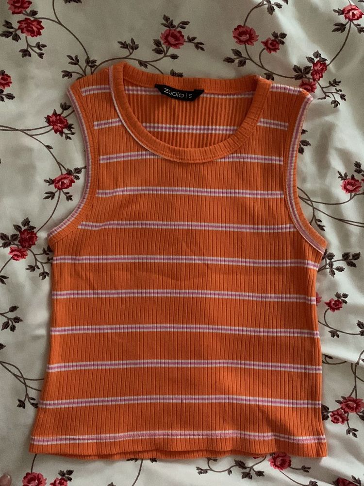 Orange Striped Ribbed Tank Top