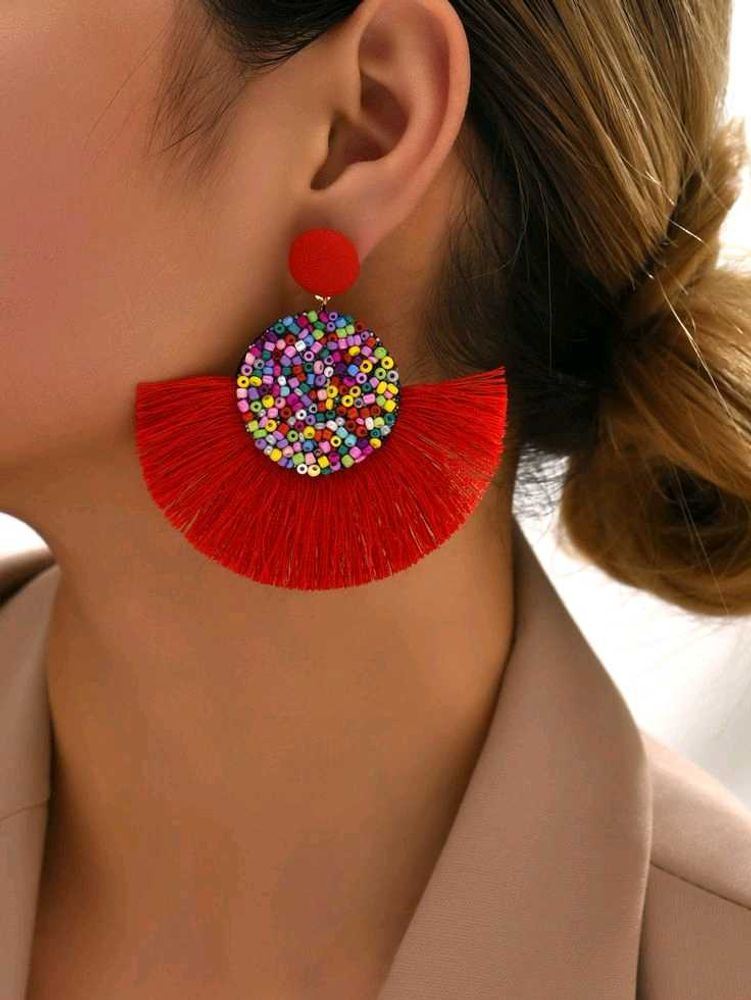 Vibrant Red Tassel Earrings with Beads❤️