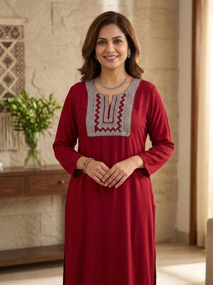 Maroon Embroidered Kurta