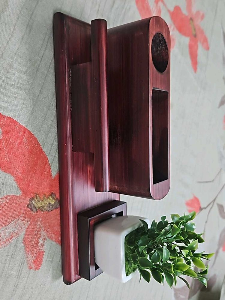 Wooden Pen And Card Holder with Plant Decor