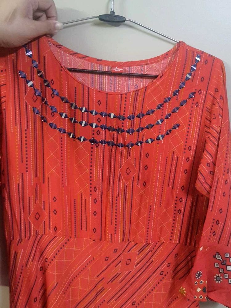Vibrant Orange Printed Kurta