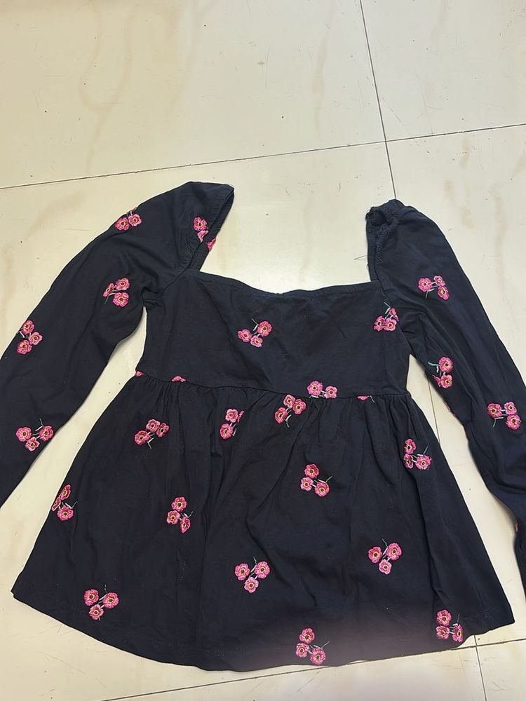 Black Floral Print Square Neck Peplum Top