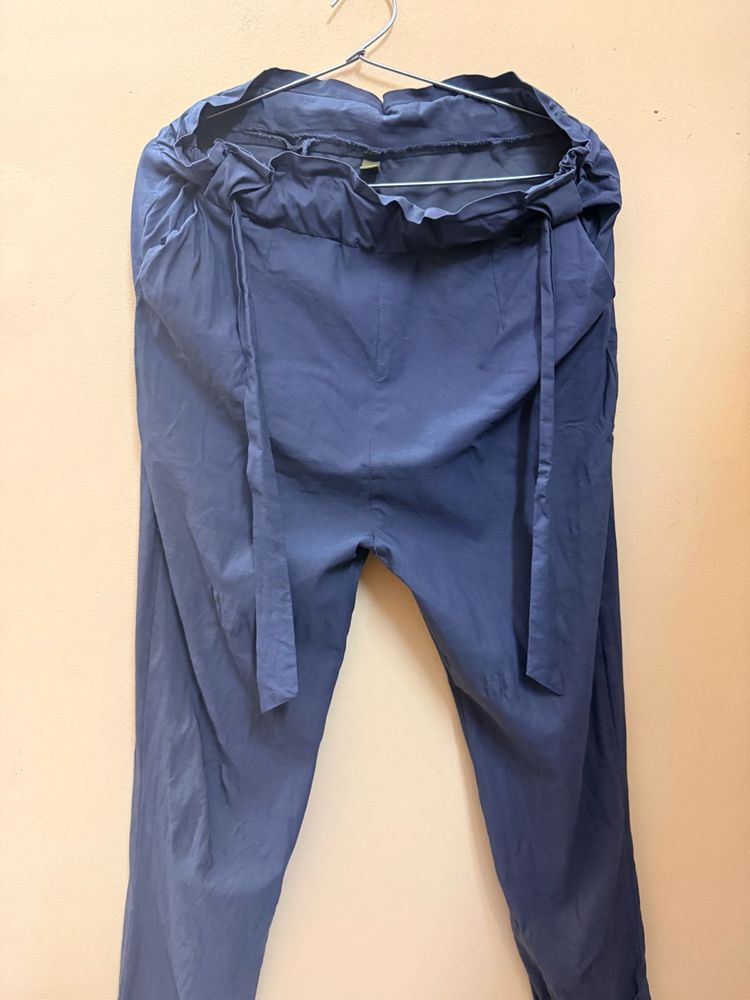 Navy Blue High-Waisted Tie-Waist Pants