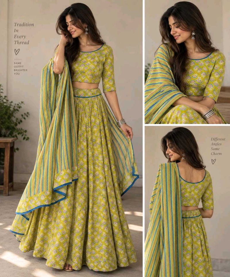 Elegant Yellow Block Print Lehenga Set