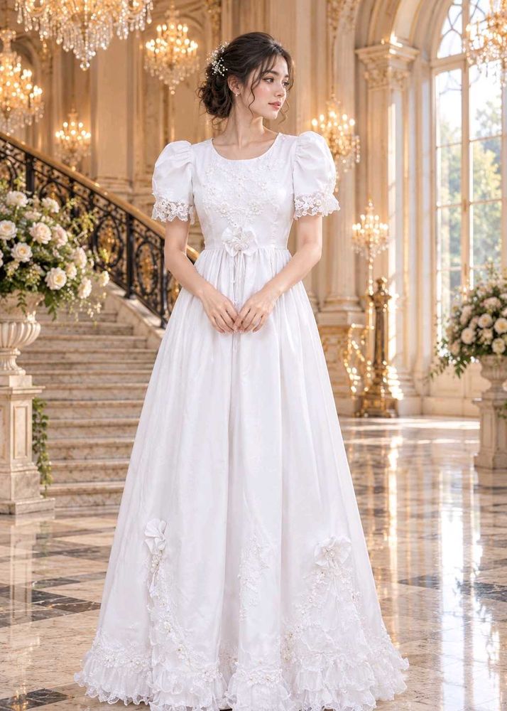 Elegant White Lace Puff Sleeve Gown