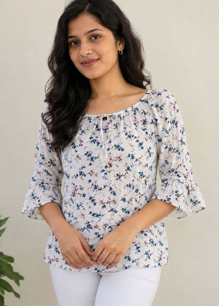 FIG Floral White Tie-Up Top(without pants)| Size S