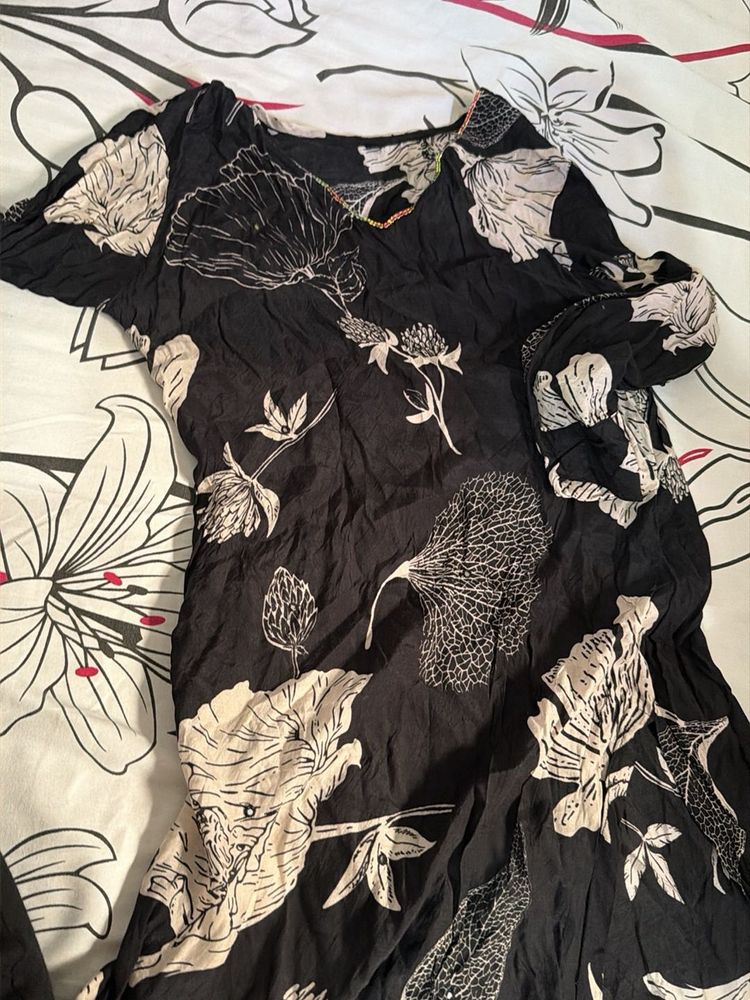 Black Floral Print Kurta