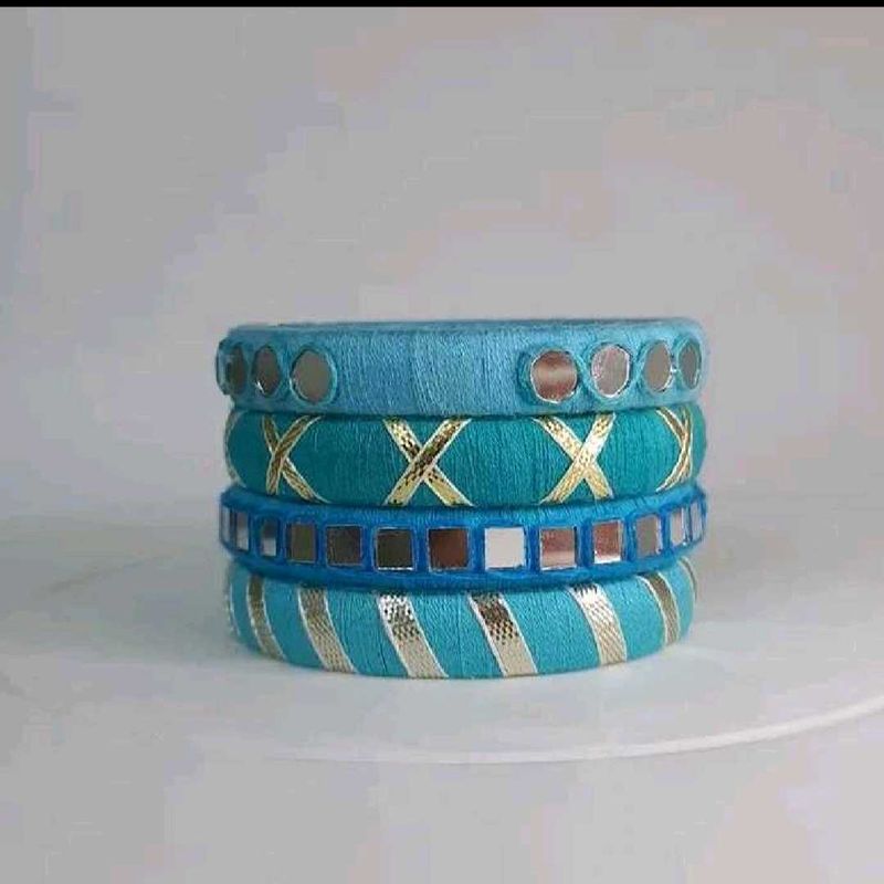 Set of 4 Blue Thread Bangles with Mirror Work🩵