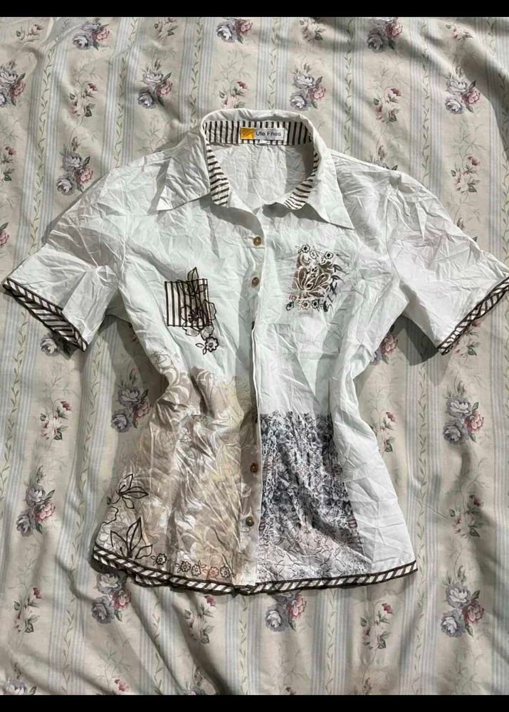 White Patchwork Short Sleeve Button-Up Shirt