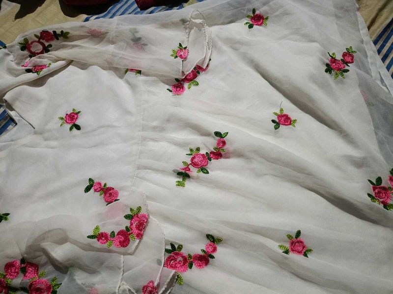 White Kurta with Pink Floral Embroidery