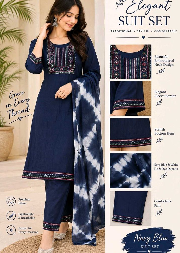 Elegant Navy Blue Embroidered Suit Set