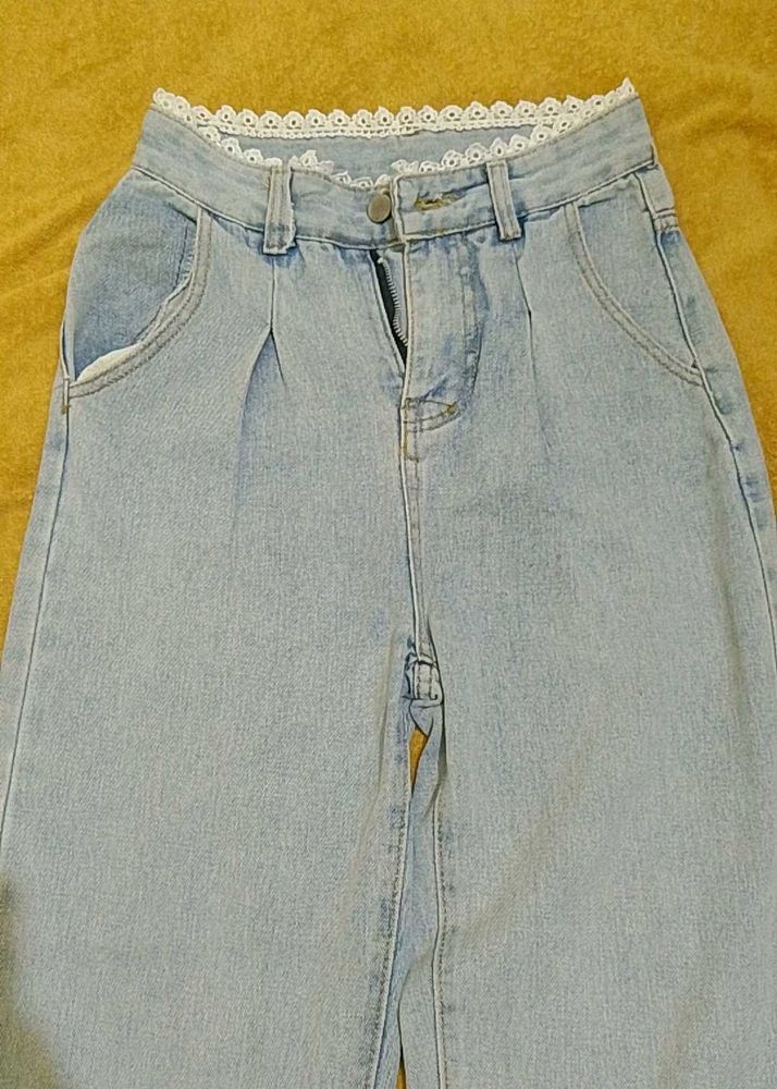 Light Wash Lace Trimmed Denim Jeans