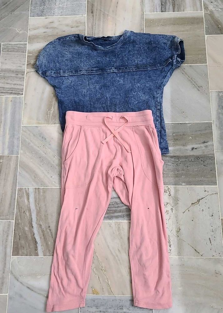 Trendy Blue Washed Tee &amp; Pink Joggers Set