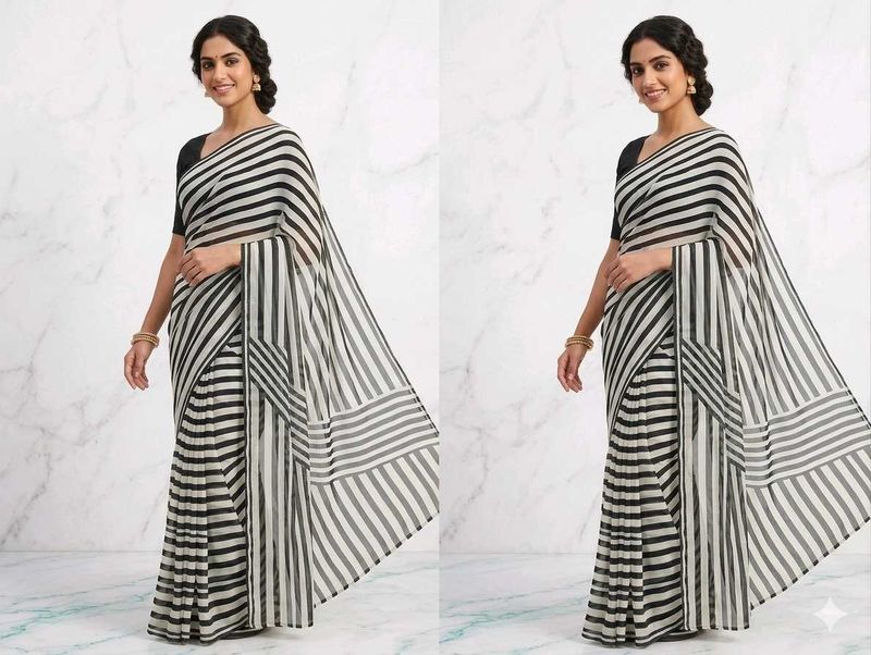 Chic Black &amp; White Striped Saree