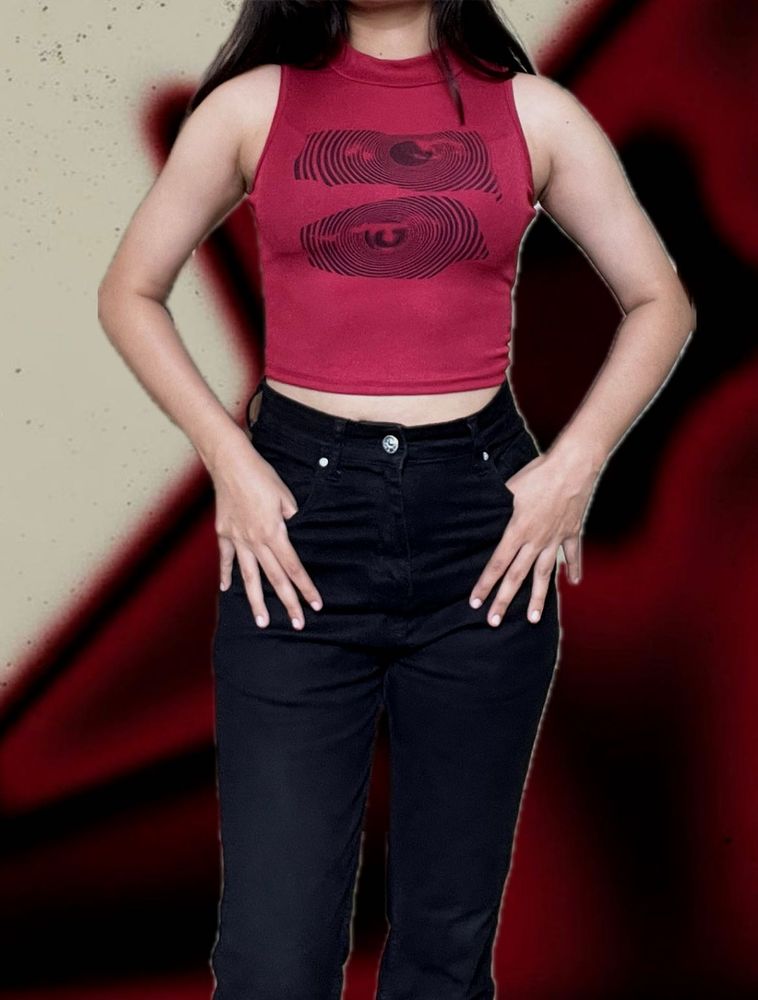 Maroon Graphic Print Cropped Tank Top