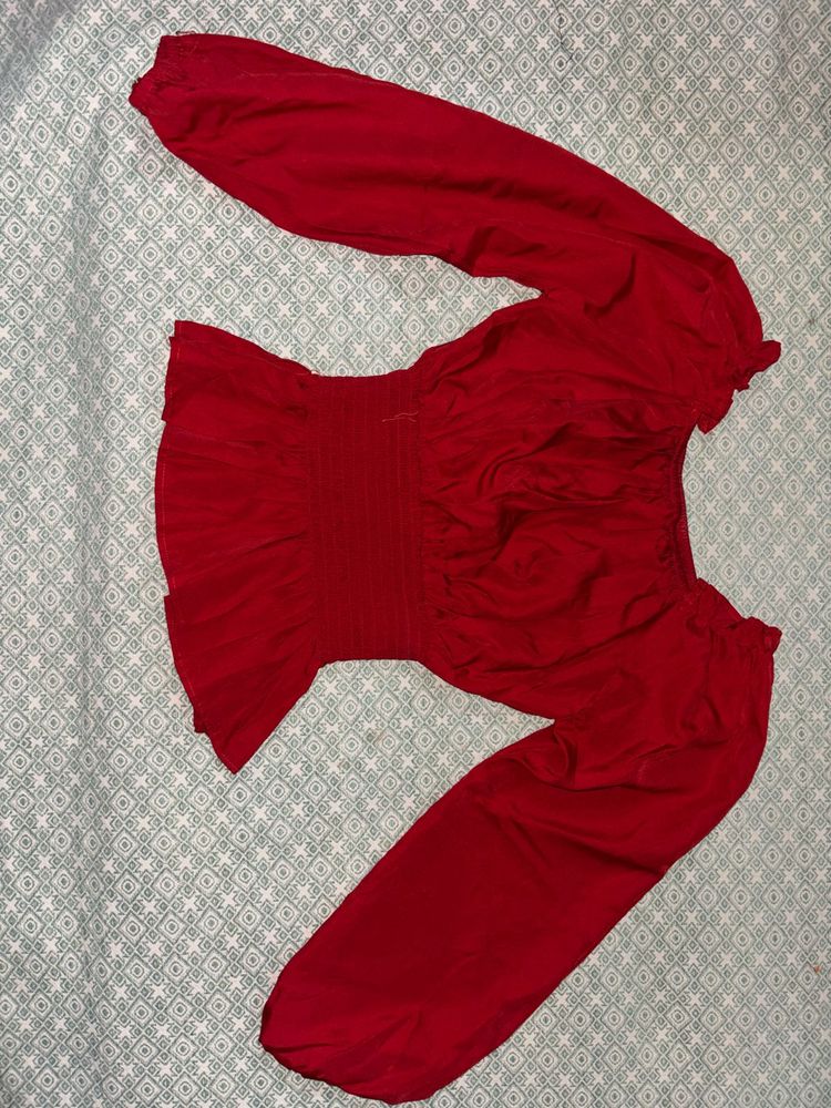 Red Smocked Long Sleeve Top