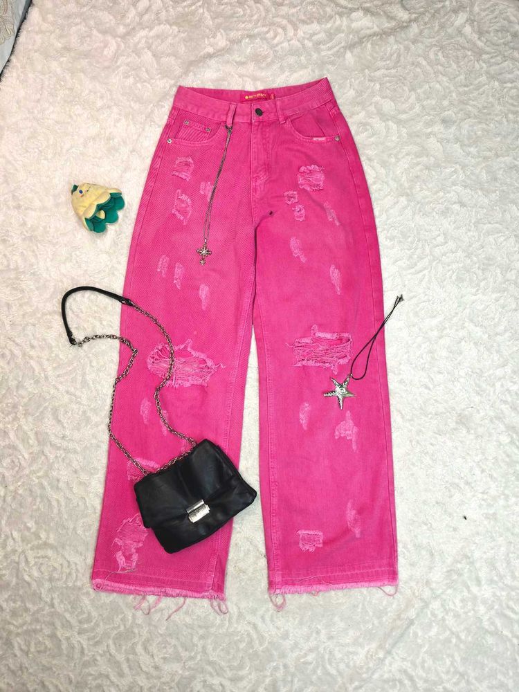Y#k Aesthetic Hot Pink Ripped Denim Jeans