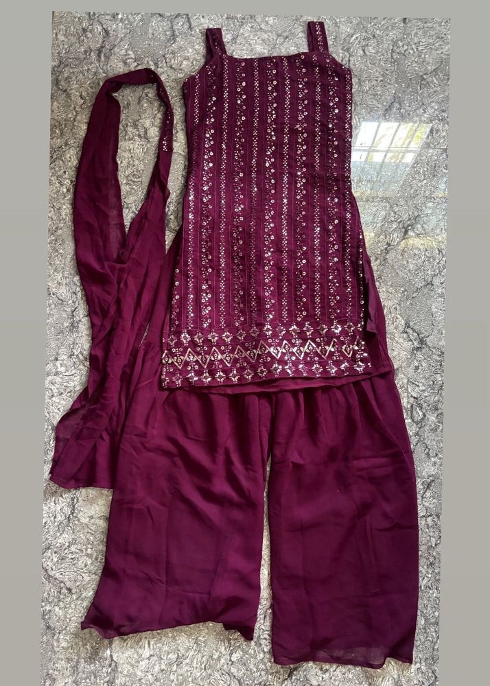 Embellished Kurta Set with Palazzo &amp; Dupatta