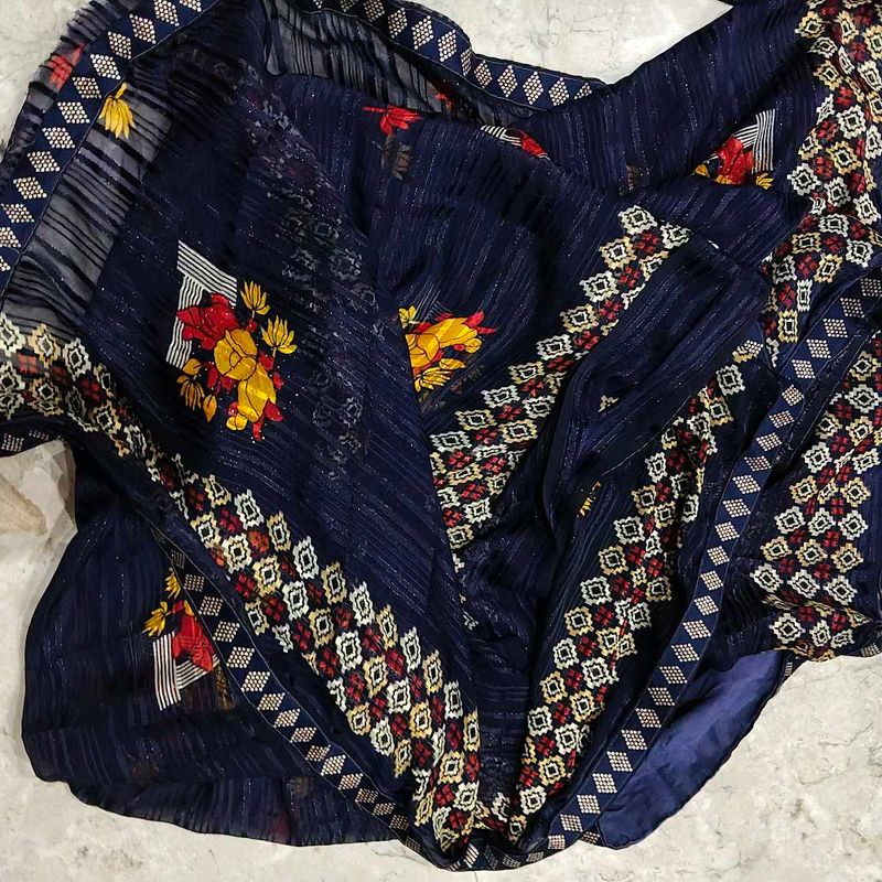 Elegant Navy Blue Floral Saree