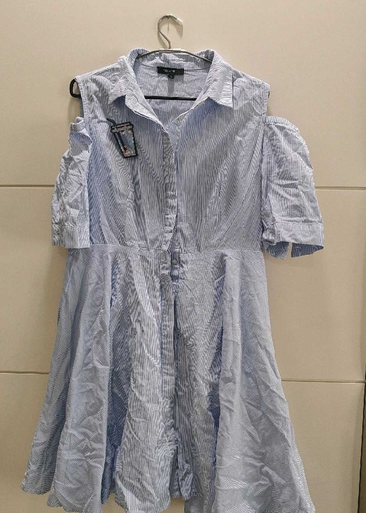 Madame Blue Striped Cold Shoulder Shirt Dress